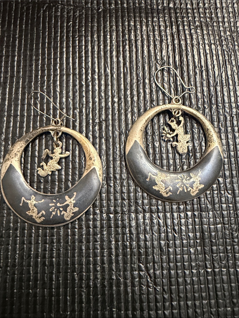 Sterling Crescent Hoop Earrings with Asian Dancer Charms